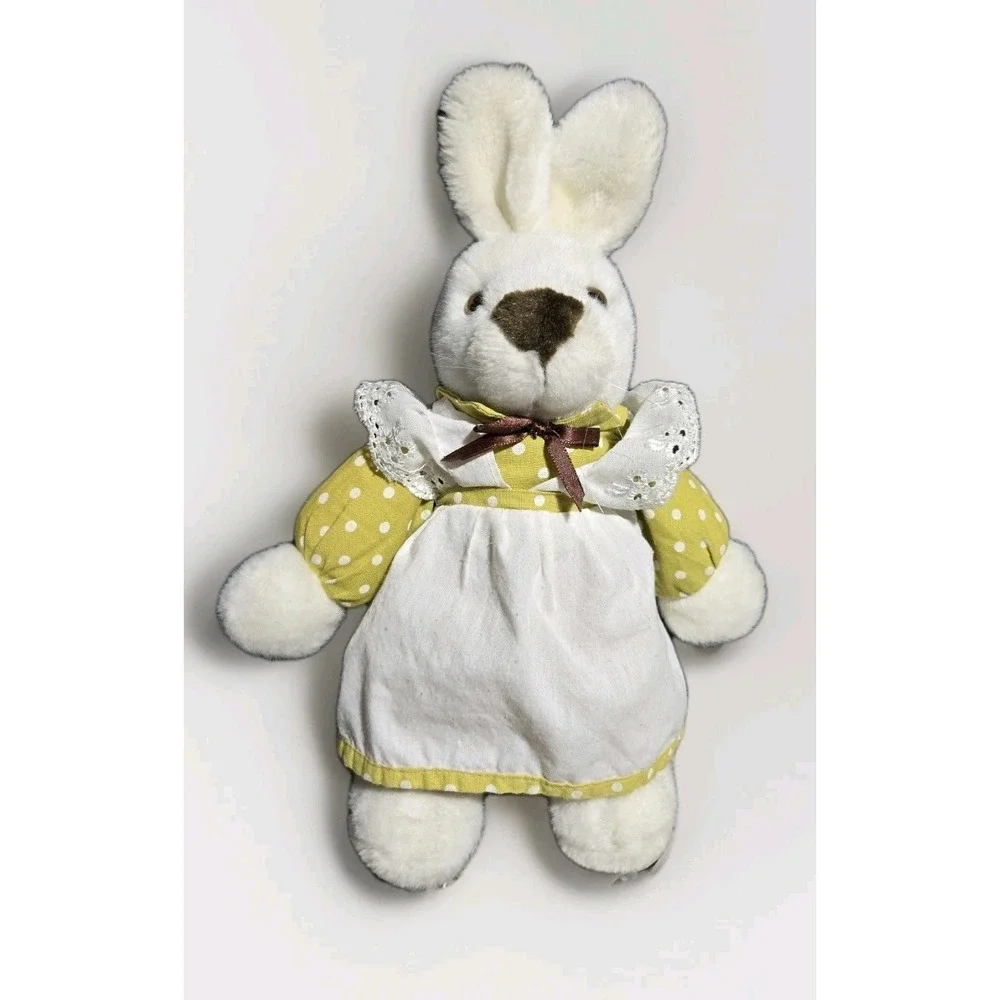 VINTAGE ACMI Rabbit Plush White Bunny Yellow Dress Polka Dots Cottagecore EASTER